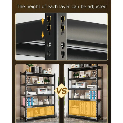 Hulking Five Tier Adjustable Steel Storage Rack With Two Thousand Pound Capacity showing adjustable height features for versatile storage.