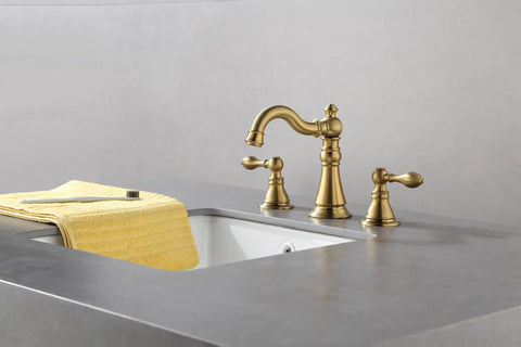Two Handle Brushed Gold Bathroom Faucet For 3 Hole 8 Inch Widespread Lavatory With High Arc Spout And Pop Up Drain Lead Free