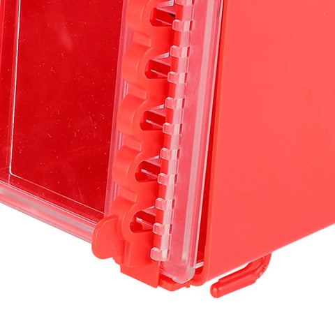 Close-up of Tough As Nails Wall Mount Group Lockout Box featuring transparent viewing window, designed for secure hanging padlocks storage.