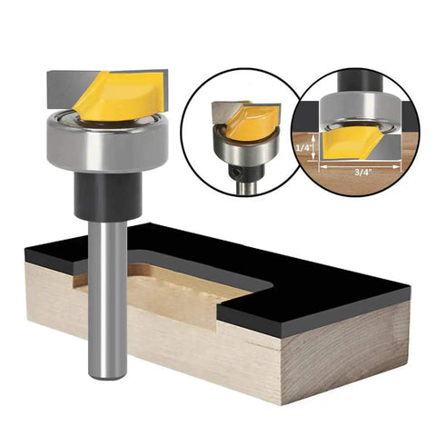 One Quarter Inch Shank Flush Trim Router Bit With Bearing For Hinge Mortising, shown with cut dimensions and material diagram.