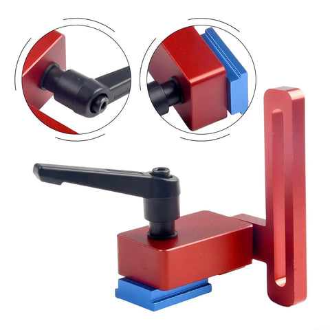 Premium Woodworking T-Slot Stop Limiter With High Accuracy Aluminum Alloy Construction To Nail Exact Chute Lengths And Crush Repeatable Cuts On Standard 30mm Tracks Every Single Time, featuring red aluminum body and black lever.