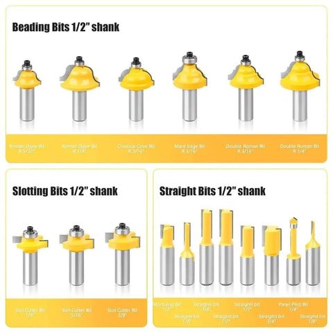 Top Shelf 35 Piece 1/2 Inch Shank Flush Trim Router Bit Set With Heavy Duty Tungsten Carbide Tips For Woodworking And Milling That Will Kick Ass In Any Workshop Today, assorted router bits in display.