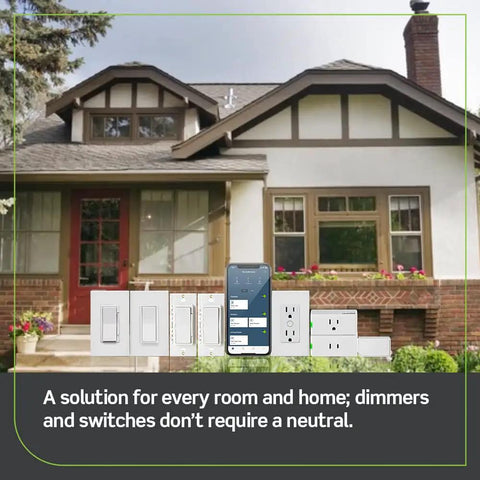 Smart home exterior with WiFi Bridge for No Neutral Decora Smart Dimmers and Switches DN6HD and DN15S display, app interface included.