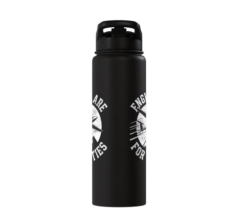 Sailplane Friendly Stainless Steel Insulated Water Bottle For Glider Pilots And Soaring Club Fans Keeps Drinks Cold During Tow Crews Thermal Flights And Ridge Soaring All Day, black with logo, front view.