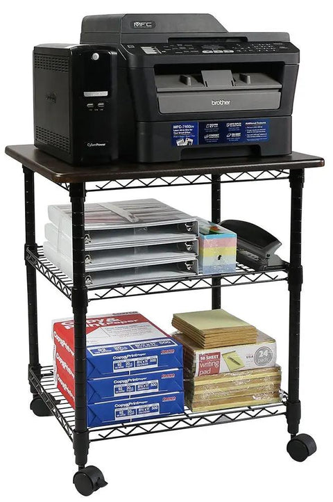 Rock Solid Three Tier Printer Stand Desk Organizer In Sleek Black Finish Scratch Resistant Laminate Top With Heavy Duty Steel Frame with printer and office supplies.