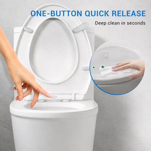 Premium White Elongated Toilet Seat Featuring Soft Close Lid And Touch Free Handle Quiet Closing Design Makes It A Solid Game Changer For Zero Fuss Home Bathrooms with one-button quick release feature.
