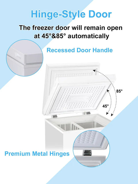 Hinge-style door of Compact 7.0 Cubic Foot Chest Freezer With Top Lid And White Finish showing recessed handle and premium hinges.