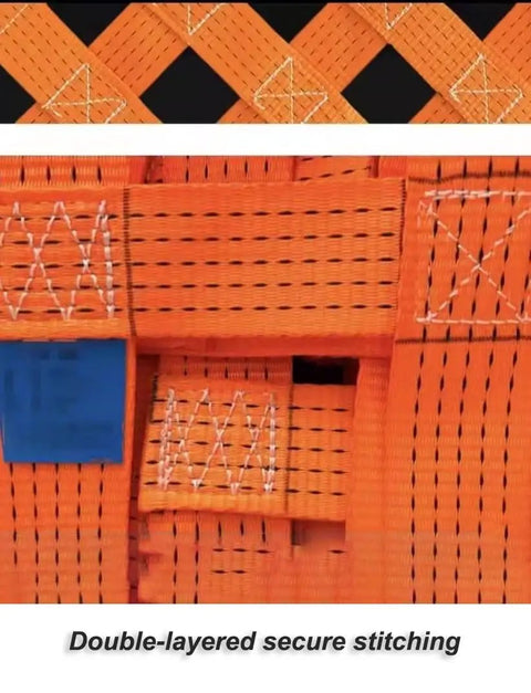 Close-up of heavy duty polyester cargo hoisting net with double-layered stitching, 59.1 cm grid, fade resistant.