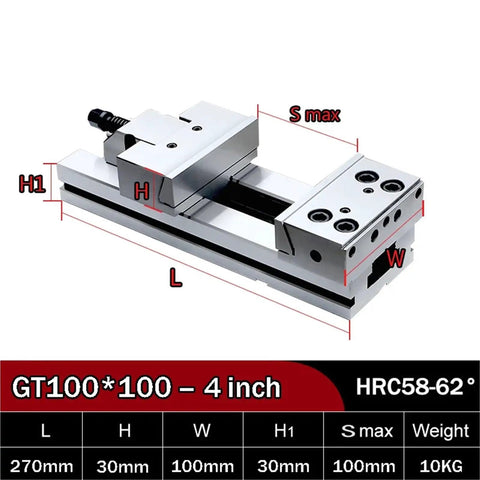 Industrial Grade Precision Bench Vise 4 Inch With Swiveling Base And Ridiculously Strong Clamping Force, showing measurements and features of the product.