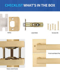 Checklist contents of 6 Pack Satin Brass Interior Door Handles With Passage Function, including strike, latch bolt, and screws kit.
