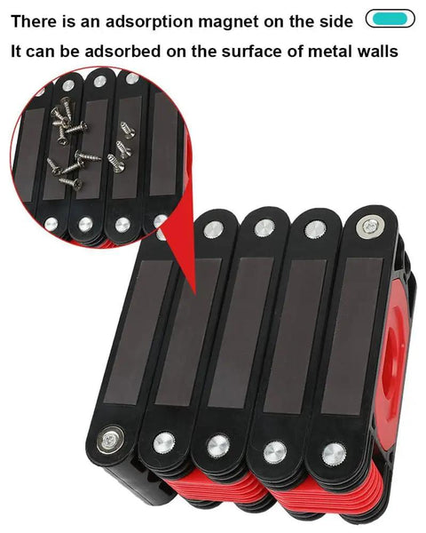 No Sweat 24 Inch Folding Level With Magnetic Aluminum Build, Four Crystal Clear Bubble Vials, Five Hinge Multi Angle Flex shown with screws and magnetic feature.