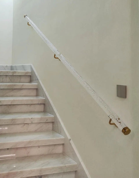 Custom Clear Acrylic Stair Handrail With Heavy Duty Gold Brackets Sick Non Slip Grab Bar For Indoor Steps Or Outdoor Walls, mounted on stairs.