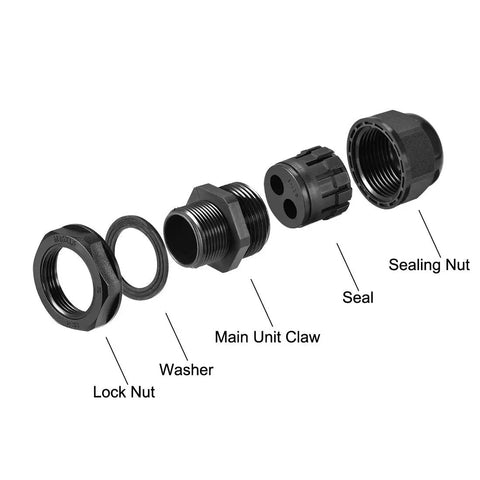 IP68 Waterproof M25 Cable Gland With 2 Holes Nylon Joint Adjustable Locknut Fits 6.4mm To 8.7mm Wire Diameter Beefy Weatherproof Electric Cable Connector Sealing Gland Dustproof And Corrosion Resistant, exploded parts view