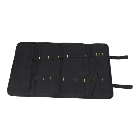 Open Multifunctional Chef Knife Roll Bag With 20 Slots For Home Kitchen Travel And Camping, black canvas material.