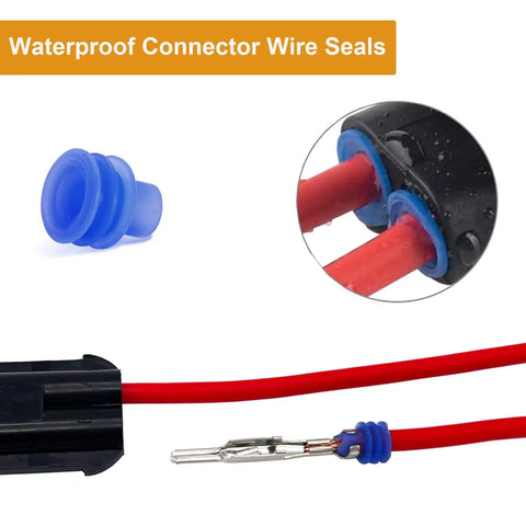 600 Pack Of Durable Weather Pack Connector Wire Seals With Metric Cavity Plugs For 12 To 24 Gauge Wiring Projects, blue wire grommet with red wires.