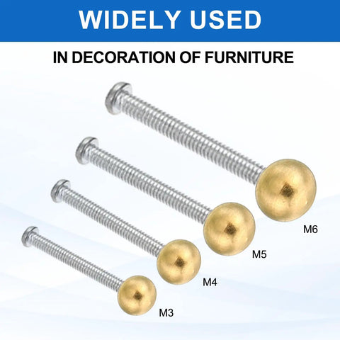 Four brass ball lamp finials with different thread sizes M3-M6, used for furniture decoration, highlighting brass finish and screw caps.
