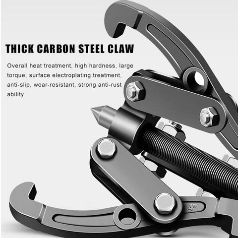 Rock Solid Hydraulic Gear Puller And 3 Jaw Bearing Extractor With Large 16 Inch Crank showing thick carbon steel claw and detailed mechanics.