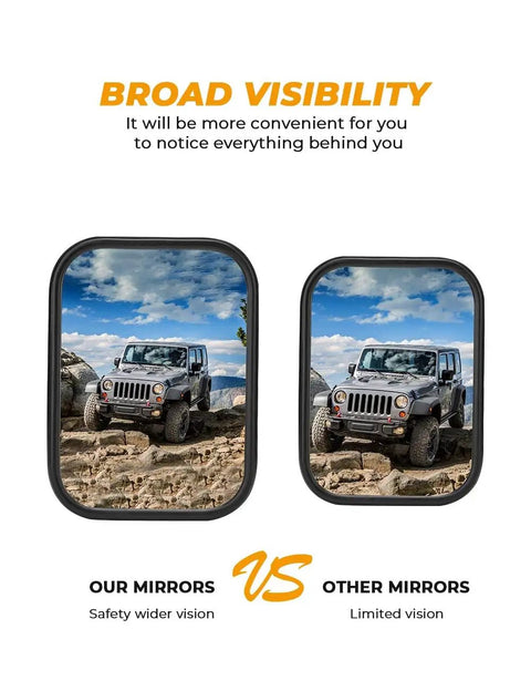 Comparison of wide vision doorless side mirrors for Wrangler vs other mirrors, illustrating broad visibility for off-road adventures.