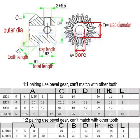Technical diagram of Dope 1.5 Mod Bevel Gear Set With 15T And 30T, 90 Degree 1 To 2 Drive Pairing highlighted measurements table