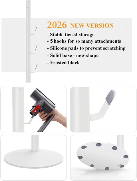 Freestanding Vacuum Dock Stand for Dyson V Series with five hooks, close-up of stable base and silicone pads.