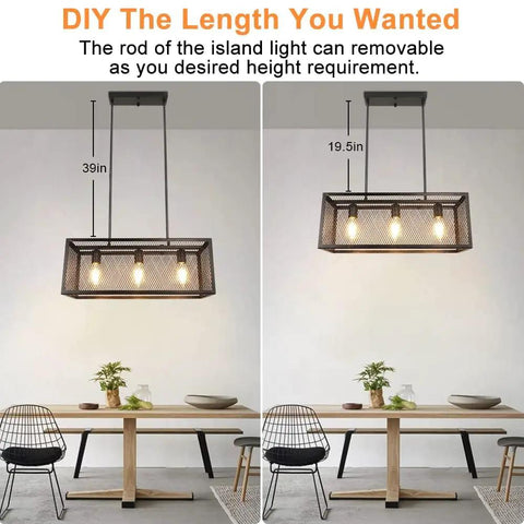 Black Lantern Pendant Light Fixture With Adjustable Cord For Foyer Kitchen Island Bar Rustic Farmhouse Chandelier Open Air Metal Cage Frame One Light Design shown in two adjustable heights