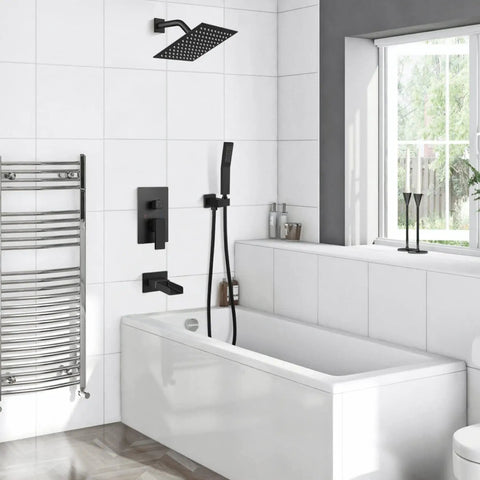 Modern bathroom with Dope Wall Mount 3-Function Shower System With Handheld Spray and Waterfall Tub Spout, Matte Black finish