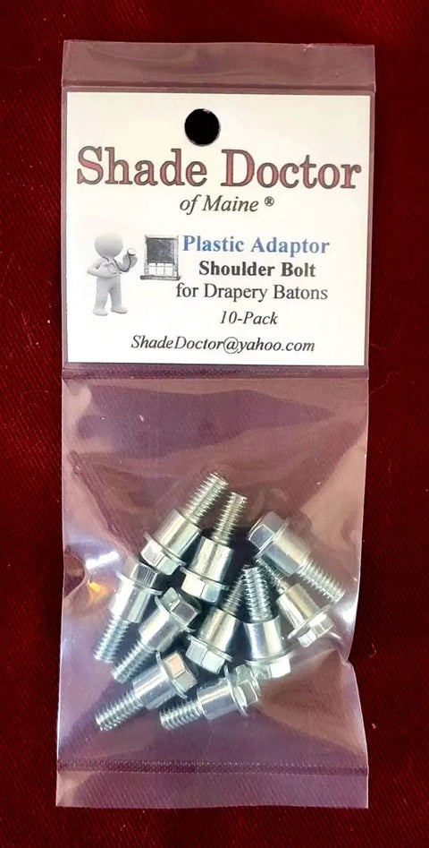 10-pack of nickel finish one quarter inch shoulder bolts with plastic adapters for drapery batons, hex head bolt through draperies.