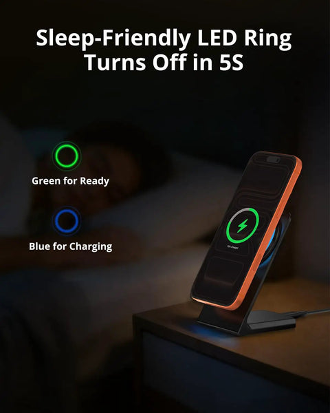 Magnetic Wireless Charging Stand For iPhone 12 Through 17 Series Onyx Black With LED ring on desk for sleep-friendly use