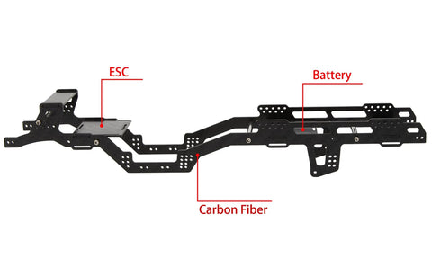 Side view of Dope LCG Carbon Fiber Chassis Frame for Axial SCX24 6x6 RC Crawler with labels for ESC, battery, and carbon fiber.