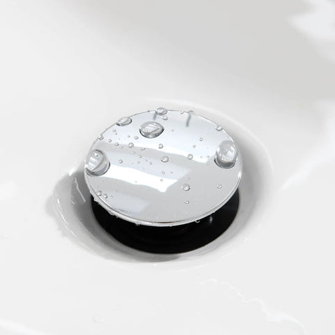 Heavy Duty Chrome Pop Up Bathroom Sink Drain With Overflow Stopper showing a polished chrome finish with water droplets.