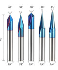 Five Piece CNC Router Bit Set 1 Quarter Inch Shank With 15 Degree Detail Liner, 20 Degree Profile Bit, And 30 Degree, 60 Degree, 90 Degree V Groove Bits, Two Inch Length