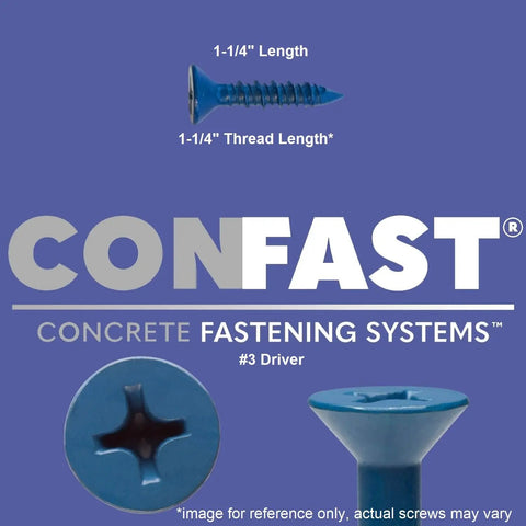 One Quarter Inch By One And One Quarter Inch Blue Flat Phillips Concrete Screw Anchor With Drill Bit For Masonry Block Or Brick Self Tapping Diamond Point And Quick Drive Design 100 Per Box CONFAST shown in close-up with thread details.