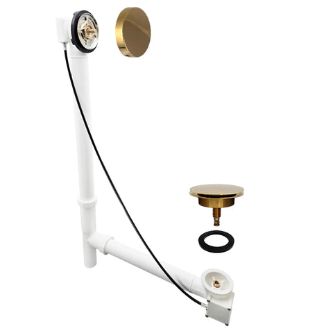 Top Shelf Smooth Operation Heavy Duty Cable Drive Bathtub Drain Trim Kit With 27 Inch Pull Chain Rotary Overflow Knob And Pop Up Stopper Plus Polished Brass Poly Tubular Pipe And Hardware Set including polished brass components.