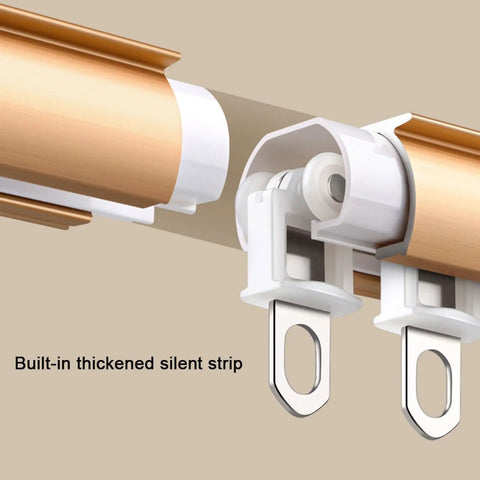 Heavy Duty Aluminum Curtain Track Set With Silent Sliding Rail For Drapes And Room Dividers Ceiling Or Wall Mounted Shower Curtain Rod Gold Finish Length Two Point Two Meters Supports Up To Forty KG Low Friction Smooth Glide, gold track close-up