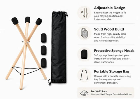 Adjustable Solid Wood Handpan Drum Stand With Carry Bag And Three Replacement Foam Pads For 10 To 22 Inch Steel Tongue Hang And Panda Drums, showing the wooden frame and foam pads.