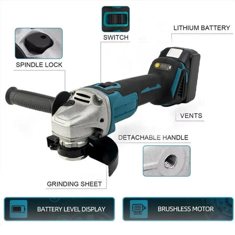 Bad Boy Brushless Angle Grinder And Impact Wrench Combo Kit with lithium battery, adjustable handle, and grinding sheet features.