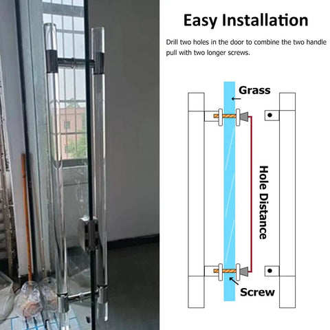 Clear Acrylic Push Pull Door Handle Set For Double Sided Use On Shower Barn Hotel And Patio Doors With Easy Installation No Fuss Durable Replacement Kit And All Hardware Included showing installation guide and components.