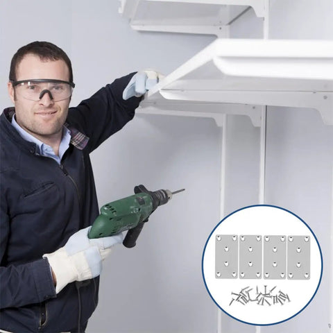 Man installing shelves with drill and Six Pack Stainless Steel Flat Mending Plates For Furniture Repair And Corner Joining on display
