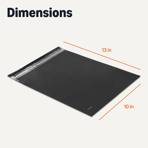 Tackle All Your Shipping Needs With These Badass Poly Mailers And Shipping Bags Featuring Lock Down Self Sealing Tapes Tamper Resistant Waterproof Design Perfect For Hustling Online Orders In 10x13 Black 100 Count Bulk dimensions shown with a black poly mailer measuring 10x13 inches.