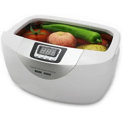 Top Tier Two Point Five Liter Ultrasonic Cleaner With Silent Smooth 40Khz Operation and Digital Five Stage Timer filled with fruits.