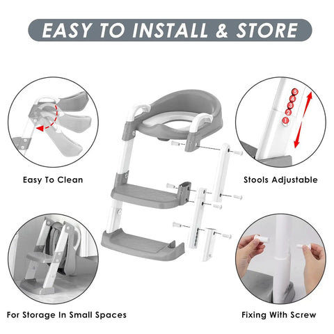 Toddler Potty Training Seat With Height Adjustable Step Stool Ladder Featuring Built Tough Anti Slip Wide Steps Integrated Splash Guard and Secure Safety Handles for a Smooth Zero Fuss Potty Victory showing adjustable stools and easy storage features.