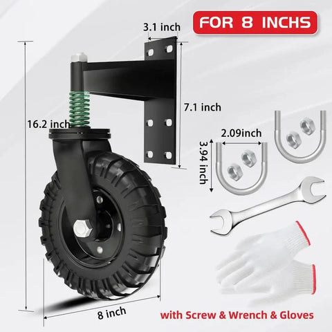Heavy Duty 8 Inch Gate Wheel With 600 Lbs Capacity Spring Loaded 360 Degree Swivel All Terrain Gate Support For Metal Tube And Wooden Gates Includes U Bolts And Tools All Black