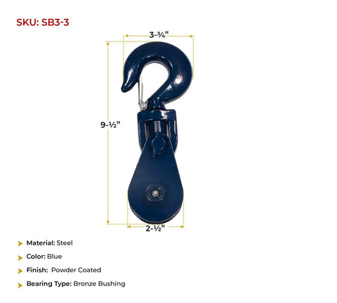 Heavy Duty Snatch Block With Hook, 3 Ton Working Load Limit, Three Inch Sheave, Three Eighths Inch Wire Rope, Wrecker Roll Back Recovery Gear, Steel Construction, Blue Powder Coat Finish, blue steel hook