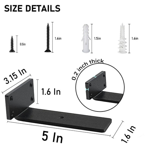 Size details of Beefy Heavy Duty Floating Shelf Brackets with screws and wall anchors.