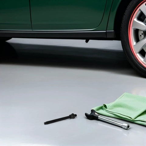 Heavy Duty Crankshaft Pulley Removal Tool Kit For Automotive Engine Repair next to a car tire on a garage floor