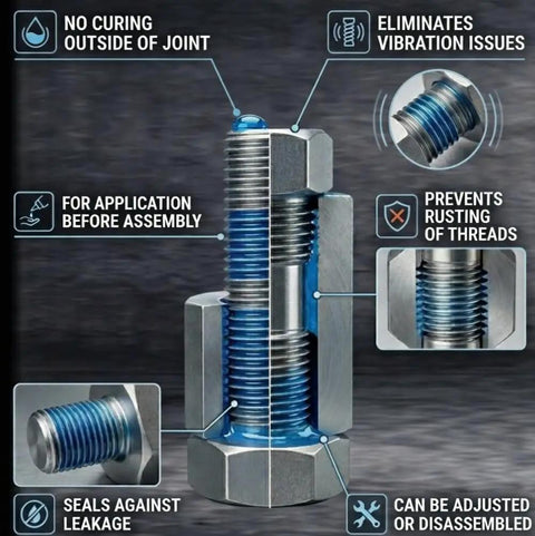 Close-up of metal fasteners with highlights on the Blue Medium Strength Threadlocker Kit Three Pack 1.69 Oz Bottles features.