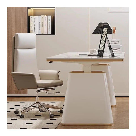 Smooth Rise Electric Sit Stand Desk With Four Memory Presets And A Sleek Slate Surface For A Top Tier Home Office Setup and a modern chair.