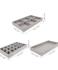 Three Piece Multi Grid Jewelry Organizer Trays Featuring Earring Stands Necklace Display Plates And Soft Velvet Ring Inserts To Make Sorting Your Bling A Breeze For Home Or Showroom Use, grey trays with multiple compartments.