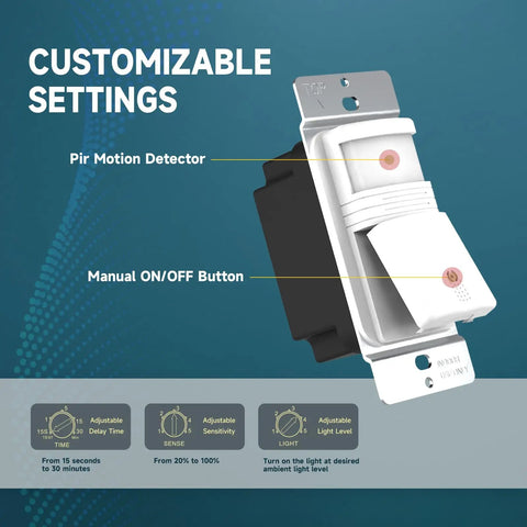Customizable Ten Pack Occupancy Motion Sensor Light Switch with PIR motion detector and manual ON/OFF button for hands-free lighting