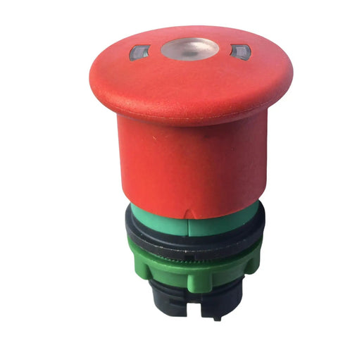Straight Up Badass Aftermarket Emergency Stop Button For Heavy Duty Scissor Lifts And Rough Terrain Gear Sweet Safety Swap Part 147051 showing a red button with green base.